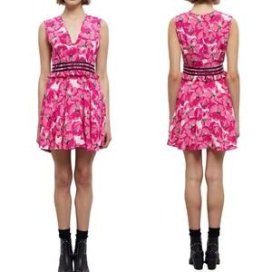 The Kooples NWT Short Printed Silk Dress Large Pink Floral Ribbon Trim Waist 2 M